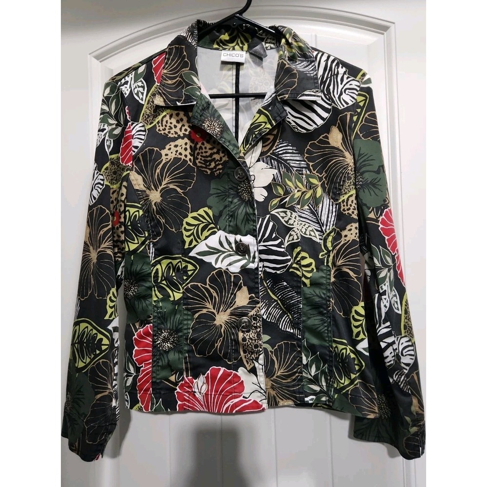 Chicos Tropical Animal Print Jacket Size 0 XS Floral Zebra Leopard Cotton Blend